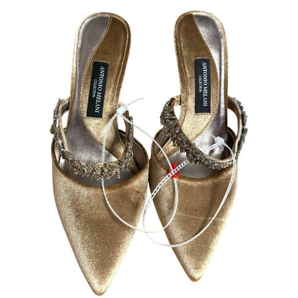 ANTONIO MELANI Tan Velvet Crystal Embellished Heels - Picture 7 of 11